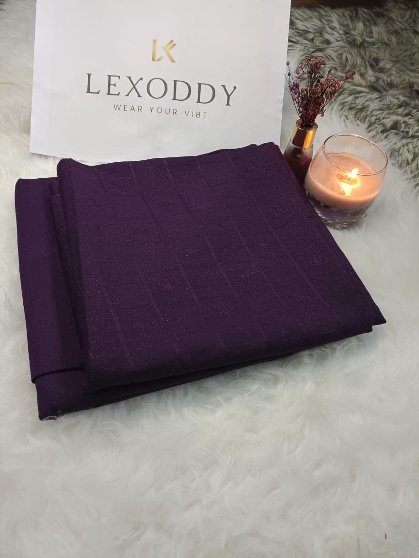 nstitched 2-piece deep purple suit featuring a vertical self-stripe texture and floral jacquard accents.