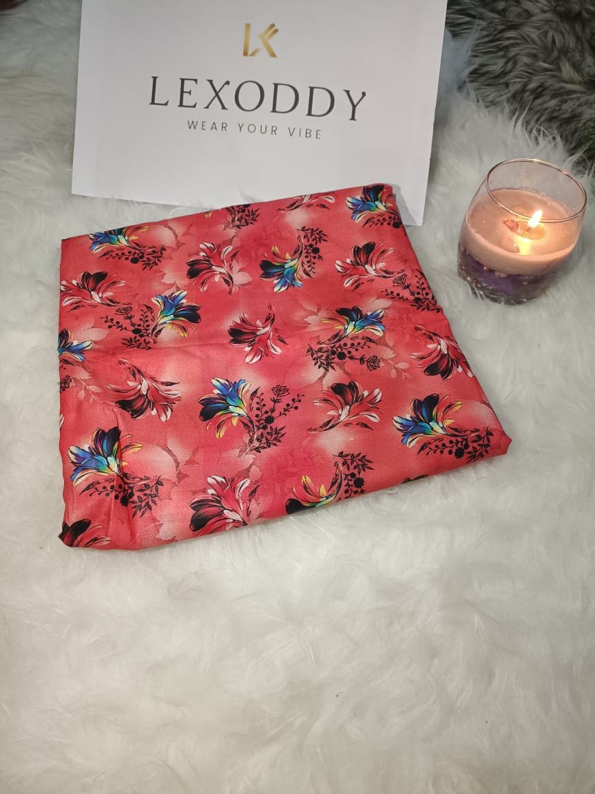 coral pink floral printed linen 2 piece unstitched co-ord set.